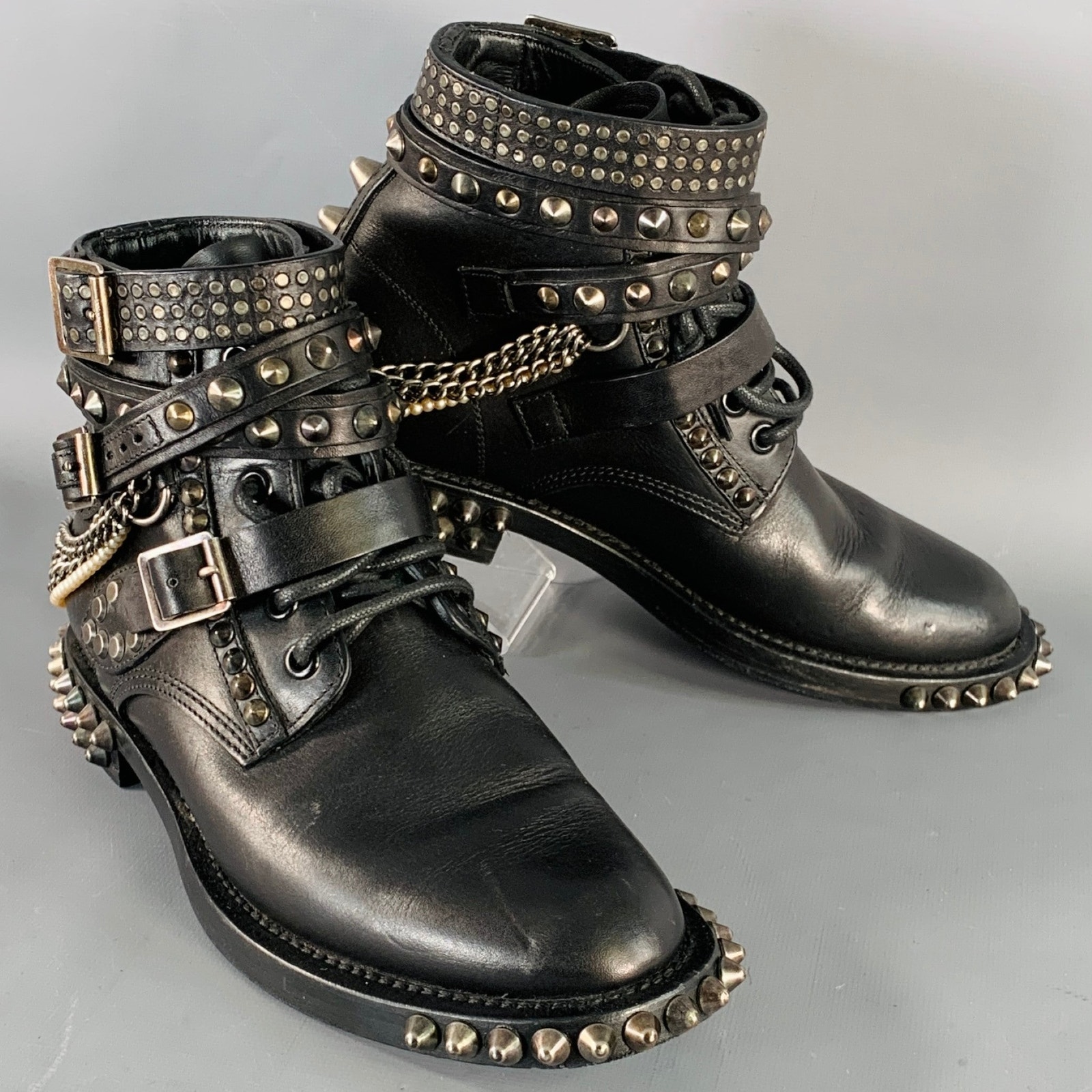 Saint Laurent Size 6.5 Black Studded Leather Lace-Up Belted Boots